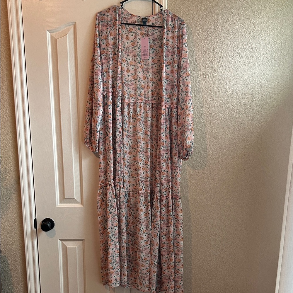 Wild Fable Floral Long Sleeve Shirt Dress - Pink and White